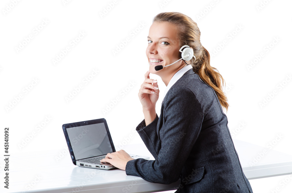 Female helpdesk operator on white Female helpdesk operator on white
