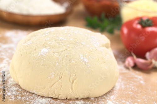 Fresh homemade pizza dough with ingredients