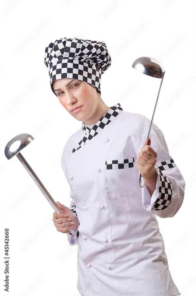 Woman cook with ladle on white