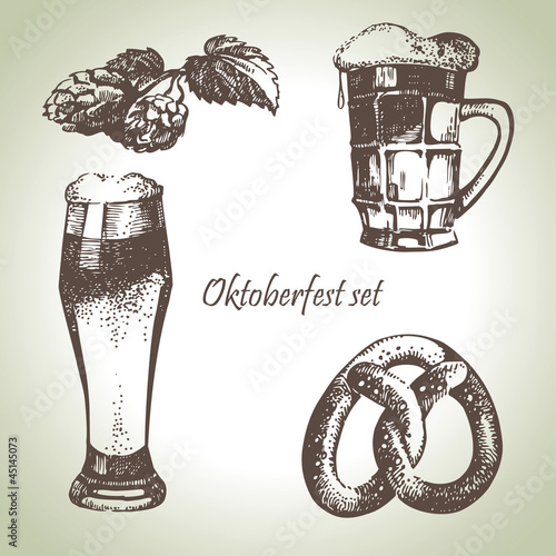 Hand drawn Oktoberfest set of beer, hops and pretzel