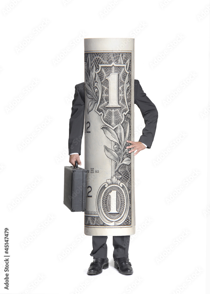 Naklejka premium Exitoso hombre de negocios en forma de billete de dólar.