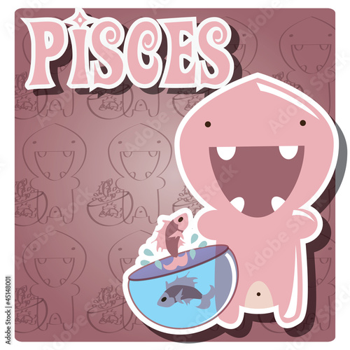 Zodica sign Pisces with cute colorful monster, vector