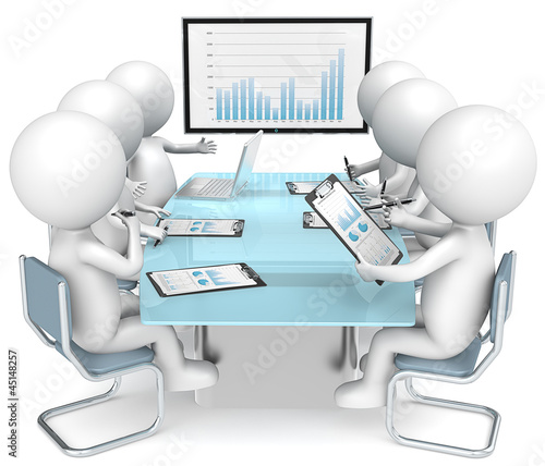 Business meeting. 3D little human characters X6. Big screen.