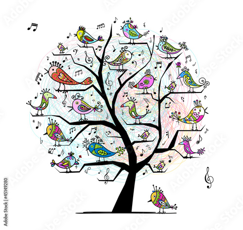 Funny tree with singing birds for your design
