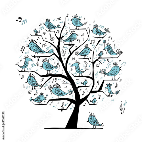 Funny tree with singing birds for your design