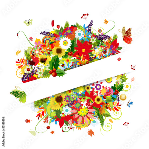 Gift card design with floral bouquet, four seasons