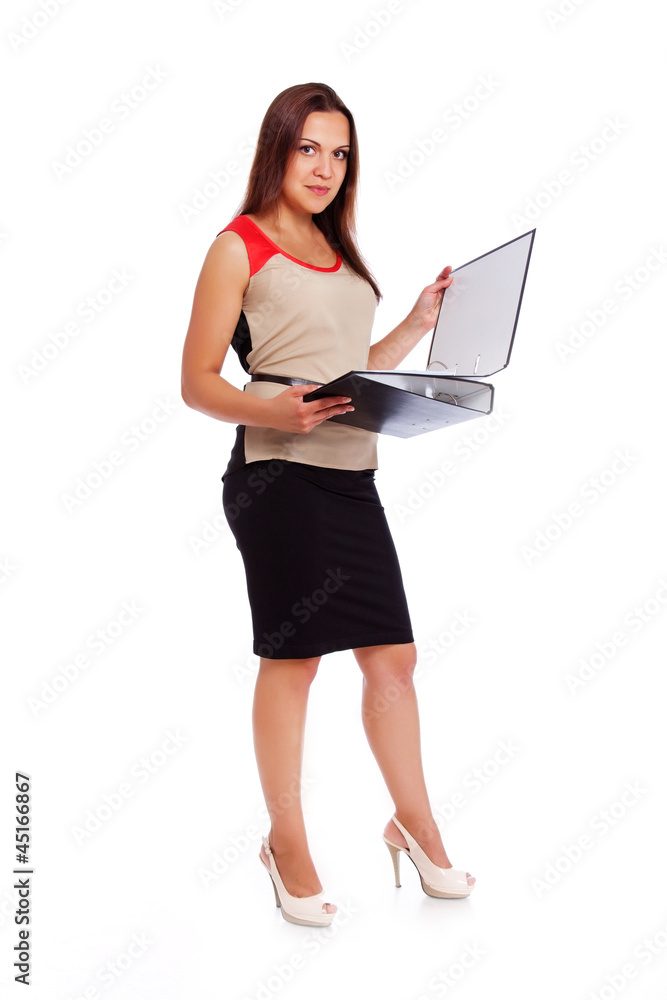 Portrait of beautiful woman posing on white background with docu Portrait of beautiful woman posing on white background with docu