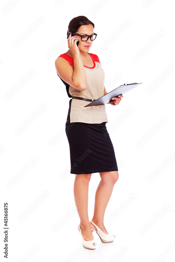 Portrait of beautiful woman posing on white background with docu Portrait of beautiful woman posing on white background with docu