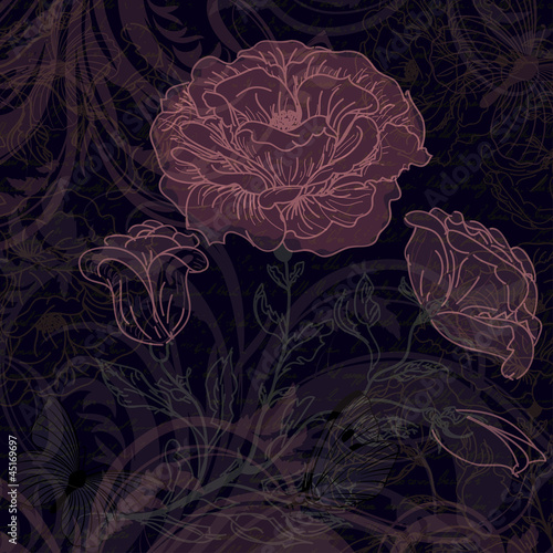 Grungy dark retro background with roses