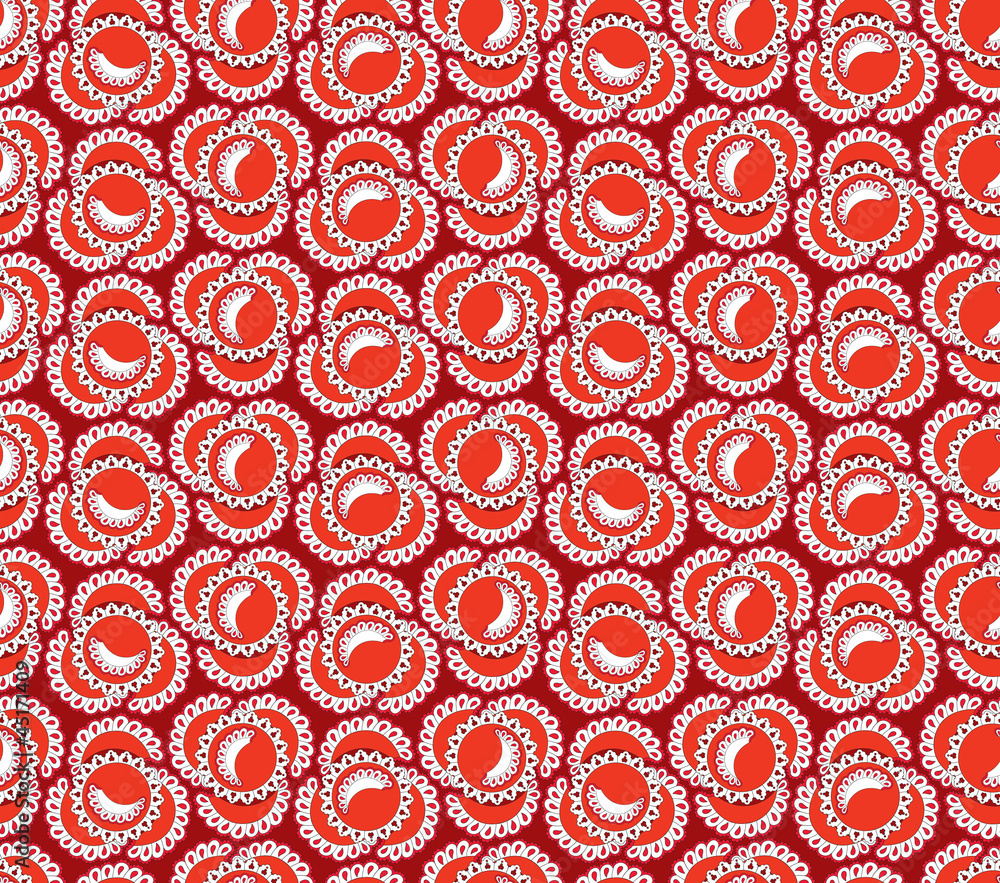 abstract circle lacy seamless pattern on red background