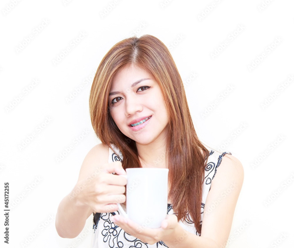 Asian woman holding a cup concept on white background Asian woman holding a cup concept on white background
