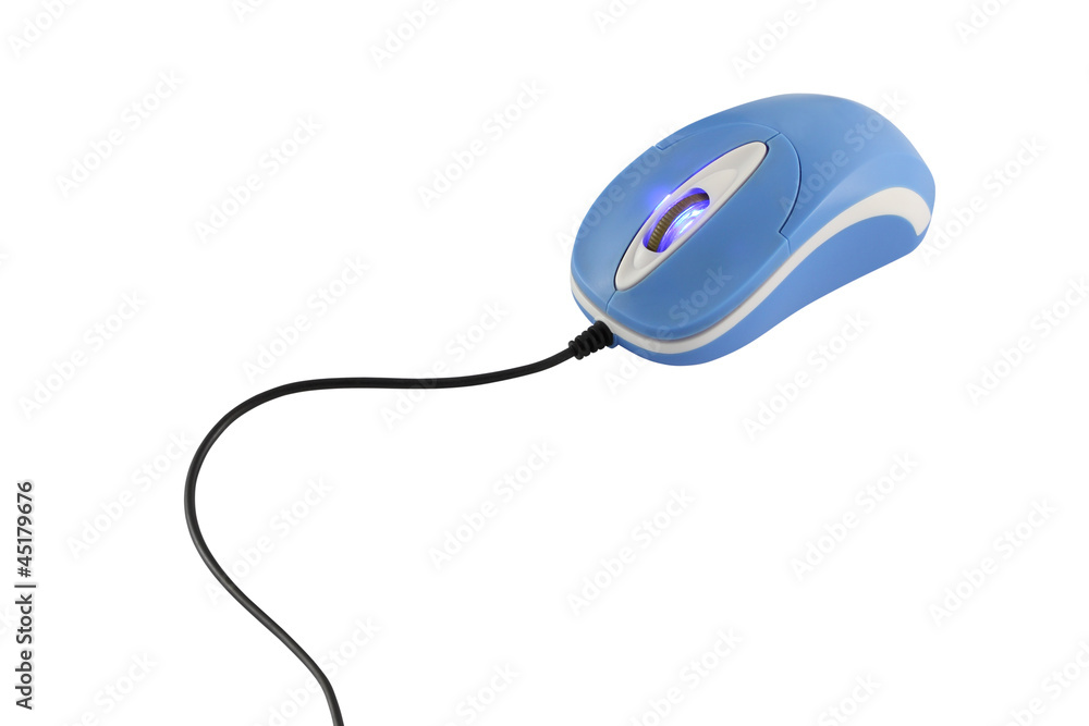 Blue computer mouse and tail on white background. Blue computer mouse and tail on white background.