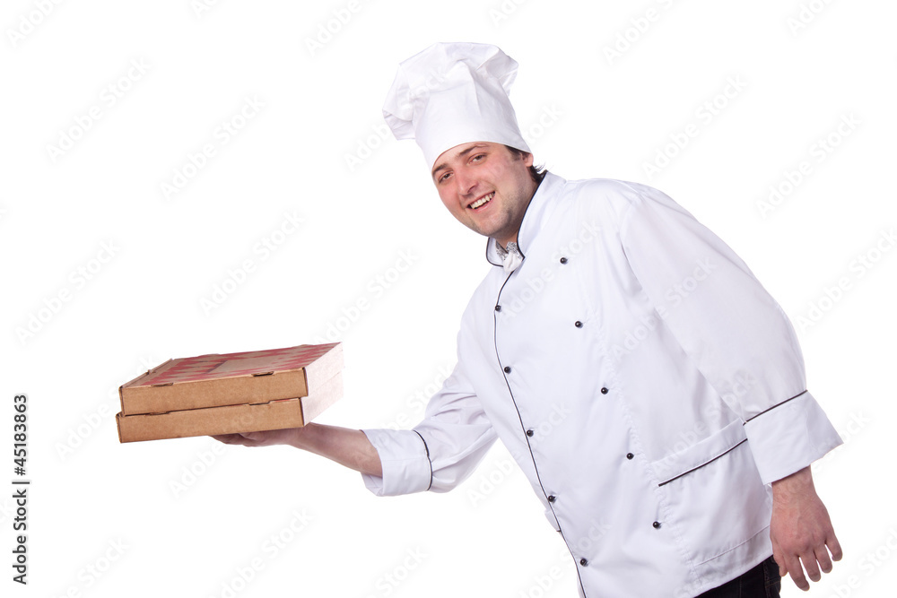 male chef holding a pizza box male chef holding a pizza box