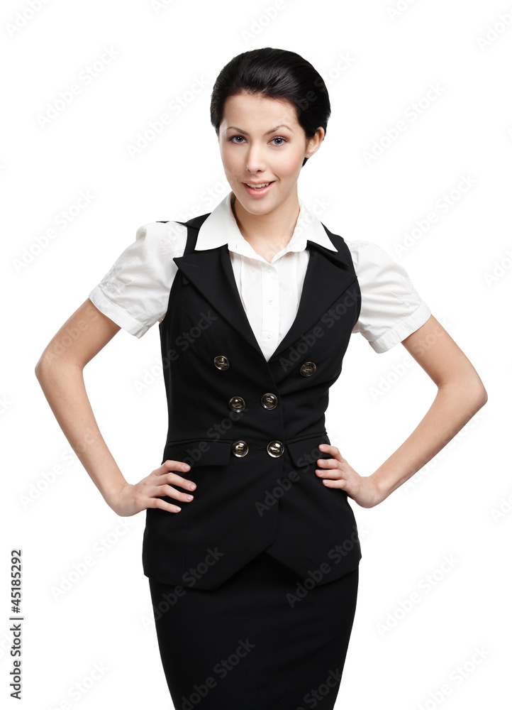Portrait of business woman in black vest, isolated on white Portrait of business woman in black vest, isolated on white