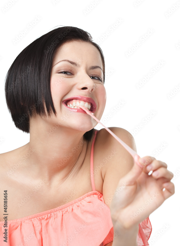 Lady and chewing gum, isolated on white Lady and chewing gum, isolated on white