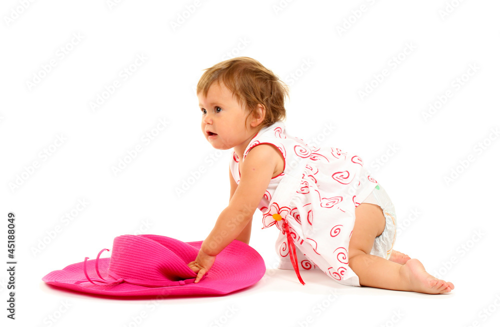 Cute baby with summer hat isolated on white Cute baby with summer hat isolated on white