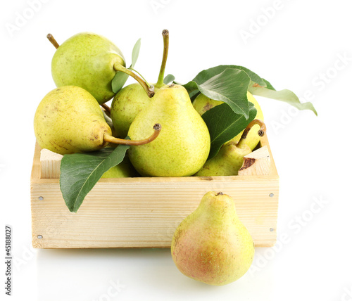 Juicy flavorful pears in box isolated on white