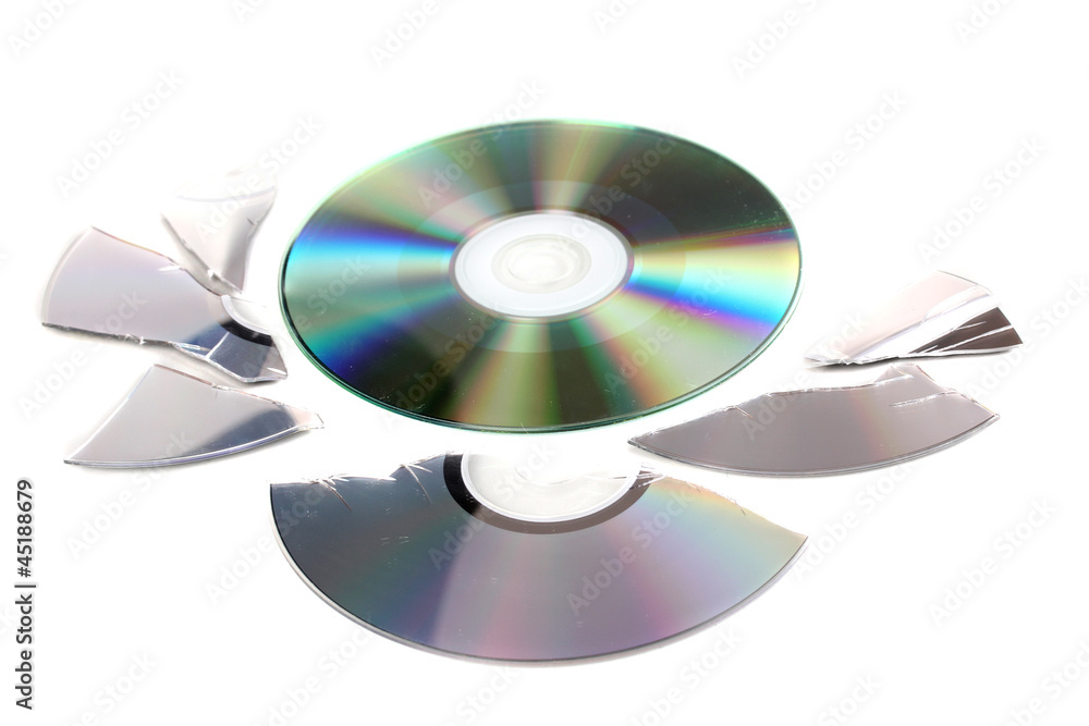Broken and whole disks with information isolated on white