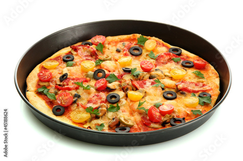 Delicious pizza with seafood in the frying pan isolated on