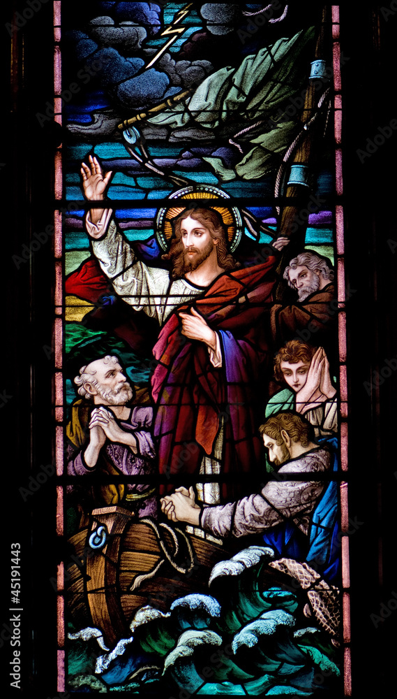 Fototapeta premium Jesus - parting of the waves stained glass