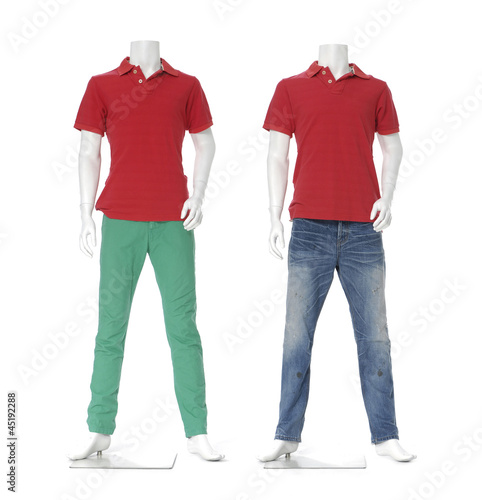Full length two male mannequin dressed in t-red  shirt