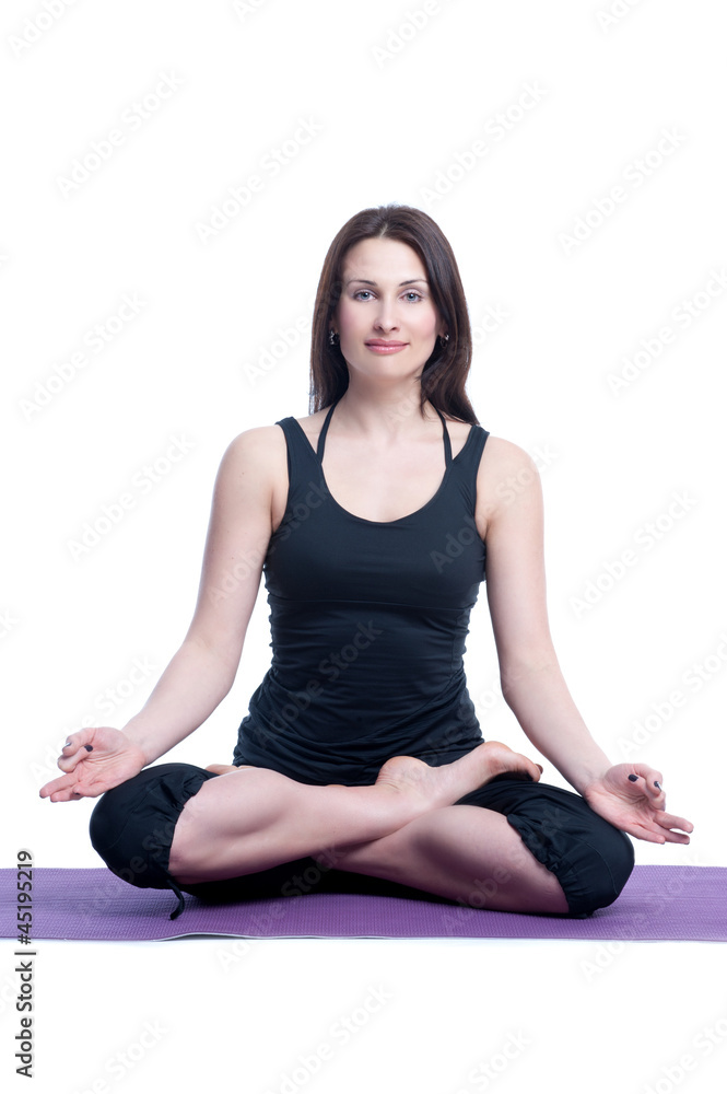 woman in a traditional yoga pose on white background woman in a traditional yoga pose on white background