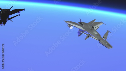 High tech Jet Fighter over Mountains slow motion 3D render photo