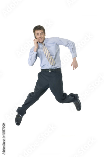 Businessman Using Cell Phone jumping