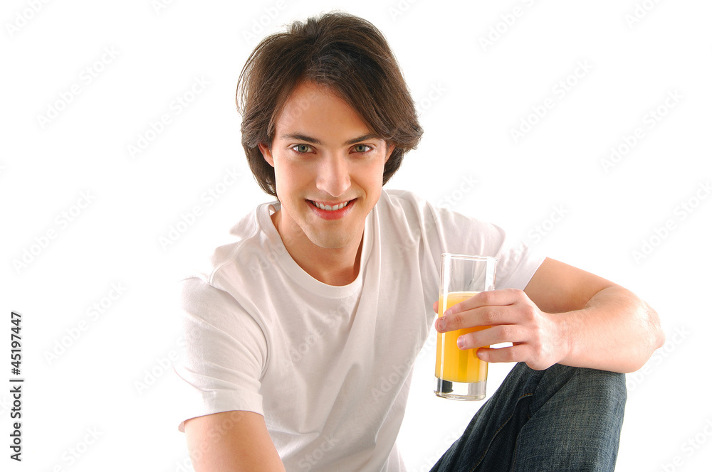Close up man drinking orange juice isolated Close up man drinking orange juice isolated
