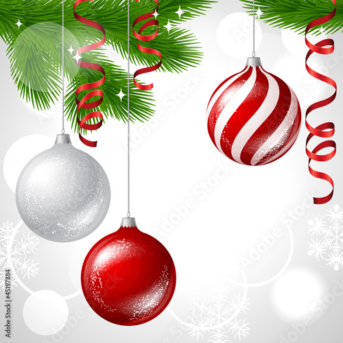 Merry Christmas vector background with glossy balls.