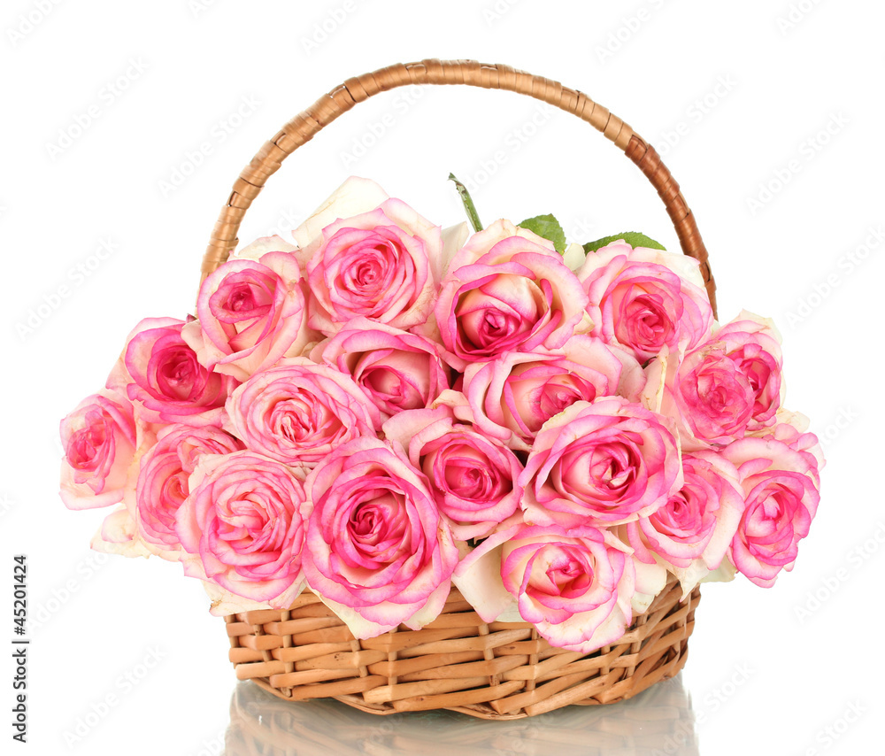 beautiful bouquet of pink roses in basket, isolated on white beautiful bouquet of pink roses in basket, isolated on white