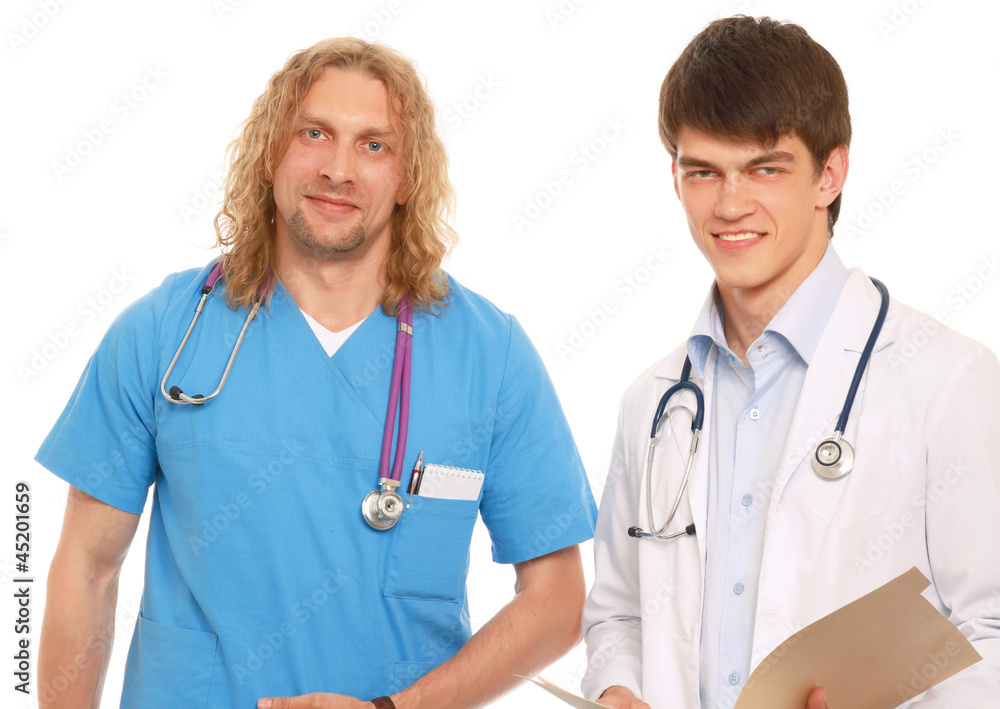 Closeup portrait of male doctors, isolated on white Closeup portrait of male doctors, isolated on white