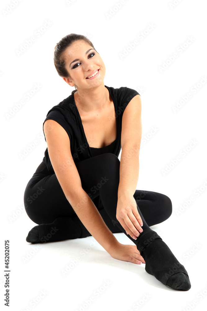 young beautiful brunette warming-up isolated on white young beautiful brunette warming-up isolated on white