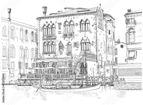Venice - Grand Canal. Ancient building   gondola. Vector drawing