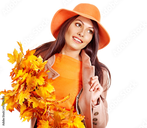 Woman holding  orange leaves.