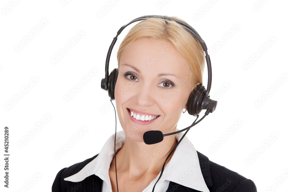 Cheerful call center operator against white background.. Cheerful call center operator against white background..
