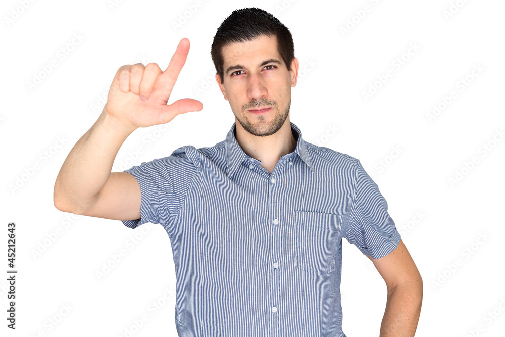 Portrait of young man touching an imaginary screen Portrait of young man touching an imaginary screen