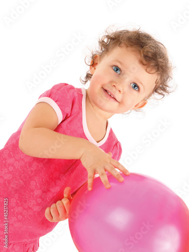 A cute little girl with a balloon, isolated on white