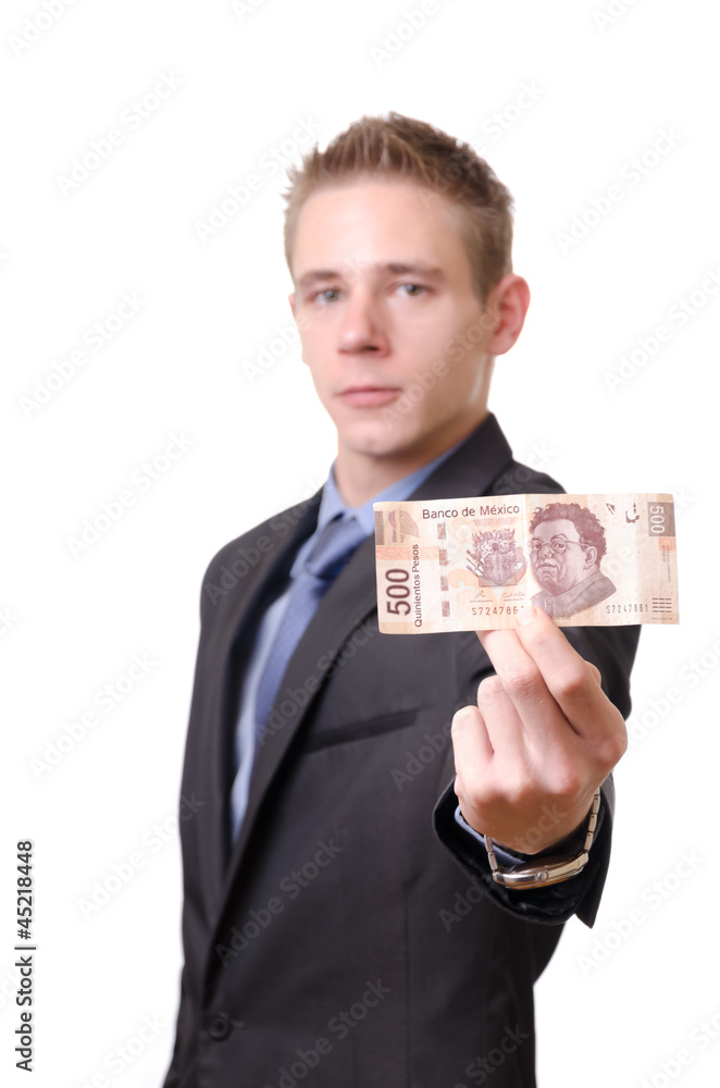 Young businessman proudly showing a 500 pesos note Young businessman proudly showing a 500 pesos note