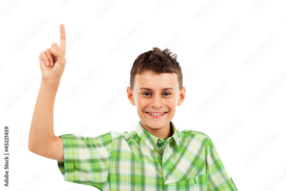 Schoolboy pointing up, isolated on white Schoolboy pointing up, isolated on white