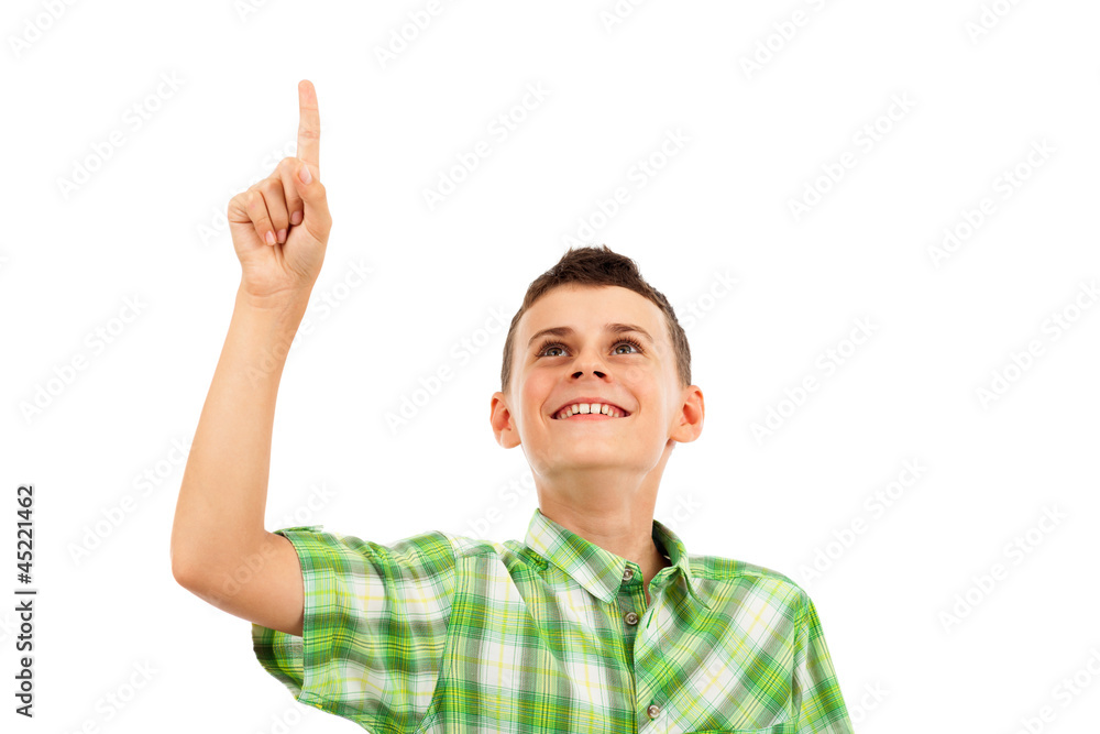 Schoolboy pointing up, isolated on white Schoolboy pointing up, isolated on white