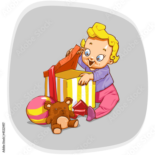 Standard vector illustration of a kid opening gifts.