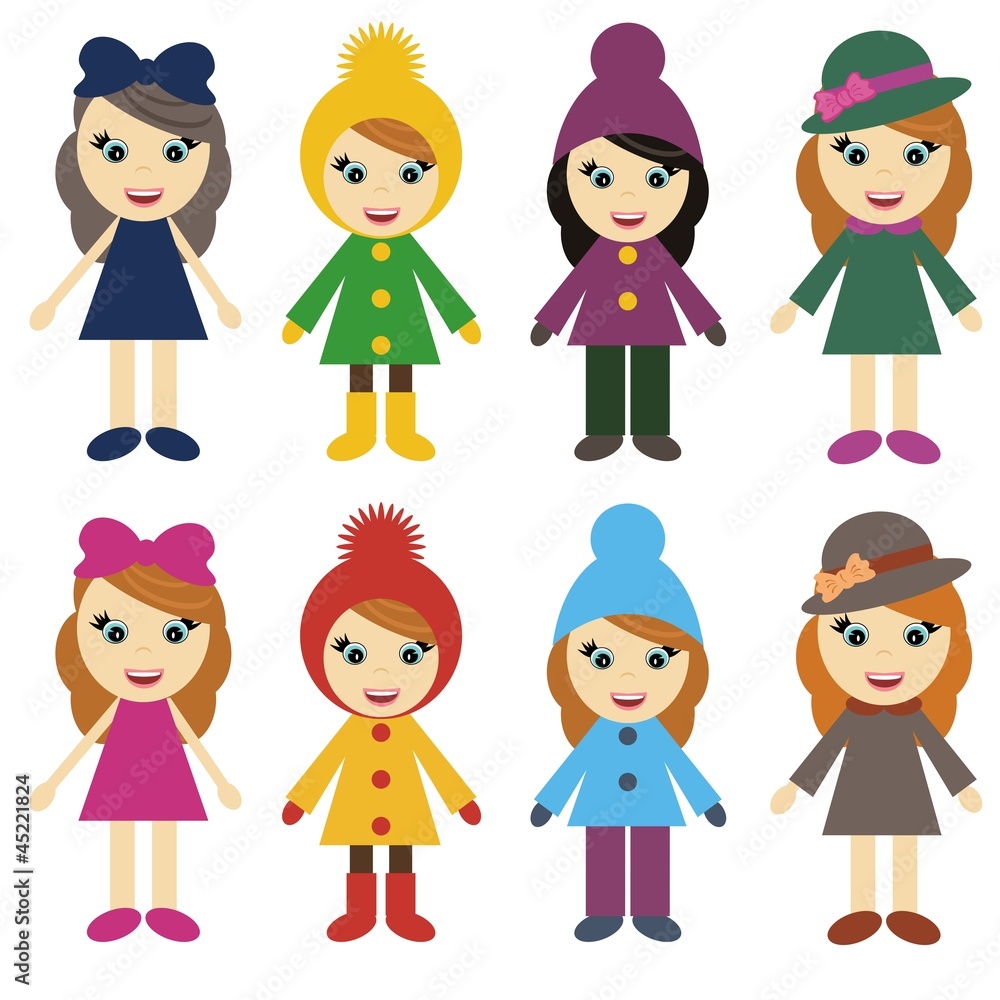 girls in different clothes on white background girls in different clothes on white background