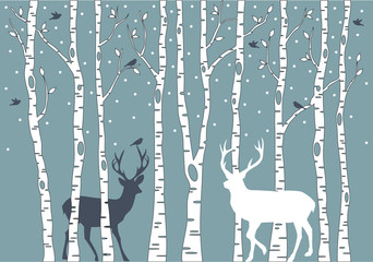 birch trees with deer, vector background