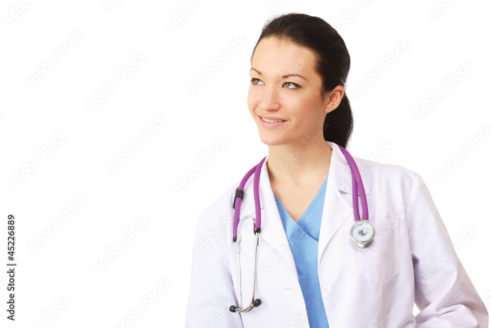 Closeup portrait of a smiling female doctor looking up Closeup portrait of a smiling female doctor looking up