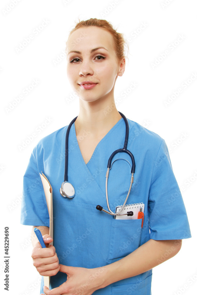 A female doctor with a clipboard