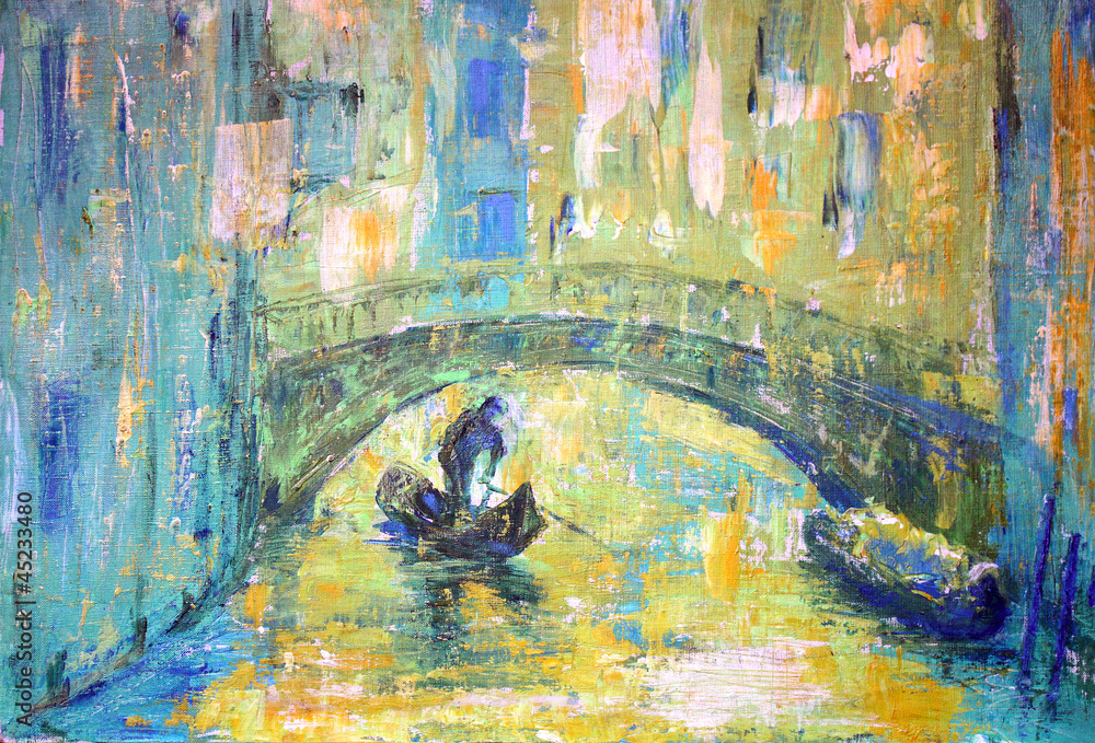 Obraz premium Widok na kanał z łodzią i mostem w Wenecji
