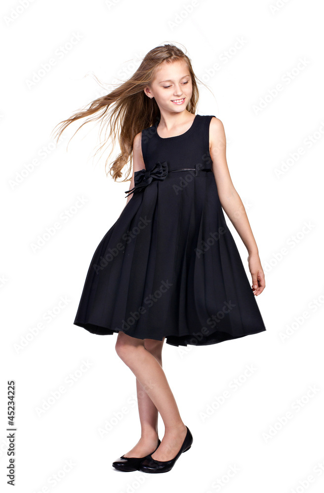  long-haired girl in elegant black dress
