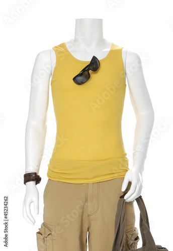 male mannequin dressed in t- shirt with bag