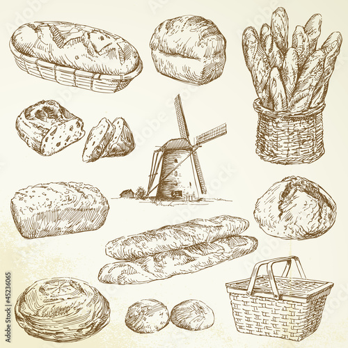 bakery, bread - hand drawn set